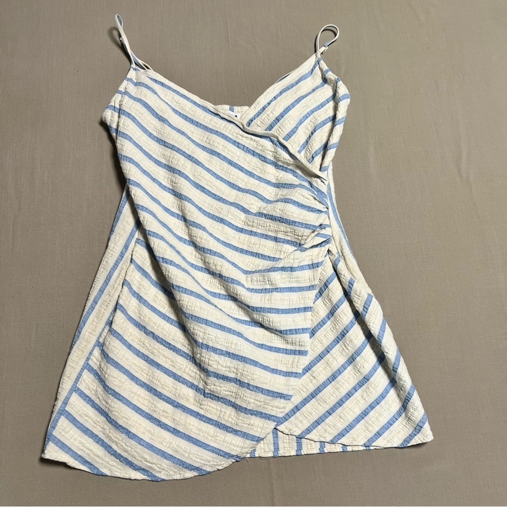 Zara Blue White Striped Wrap Mini Dress Size L  V-Neck Summer Style